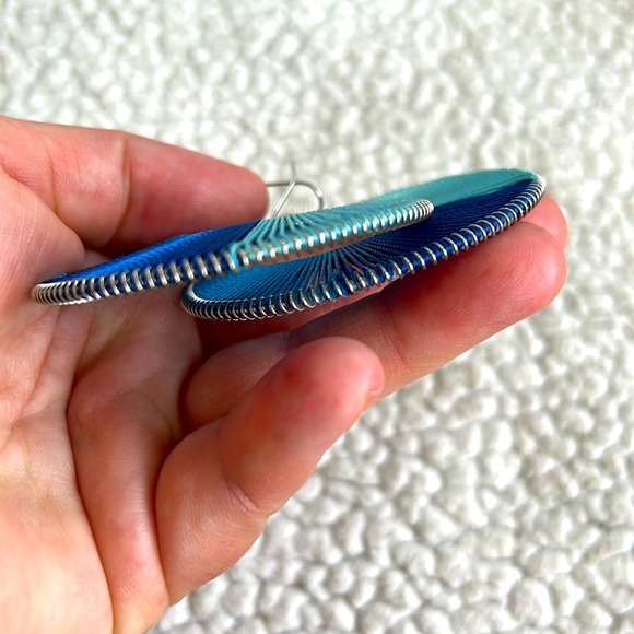 Large Round Blue Fabric Earrings for Pierced Ears - Picture 5 of 6